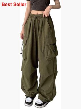 Cotton Blend Cargo Pants with Multi Pockets, High Waist Loose Straight Leg